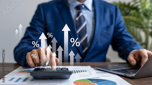 Businessman working on financial report with calculator and laptop, analyzing profit and percentage growth