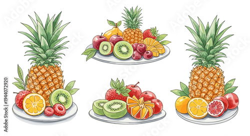 Assortment of fresh, vibrant fruits artfully arranged on white plates for a healthy lifestyle