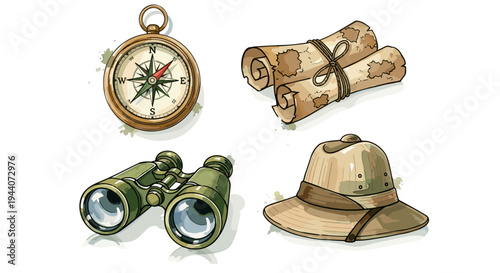 Vintage adventure gear: compass, binoculars, map scrolls, and pith helmet