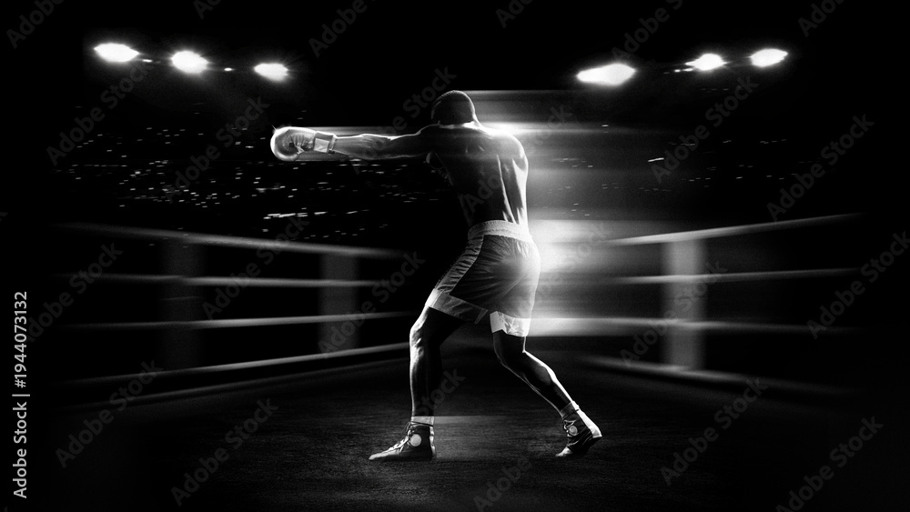 Naklejka premium Boxing athlete punching with light trail motion effect in stadium ring for sports advertising, fight promotion and fitness campaign visuals.