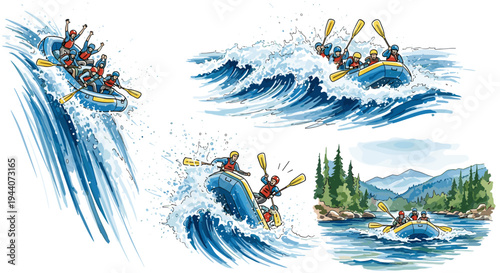 Exciting whitewater rafting adventure with people navigating rapids and waterfalls