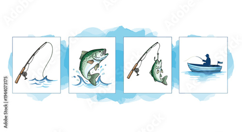 Fishing montage: rod in water, jumping fish, caught fish, and angler in boat