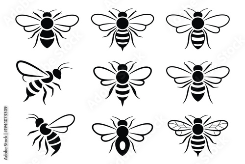 Vector set of nine stylized, black bee icons, in top-down and side views, featuring silhouettes, stripes, and wing details, perfect for logos and graphic design isolated on white background