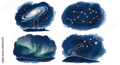 Diverse celestial scenes with a person observing a galaxy and a telescope viewing stars