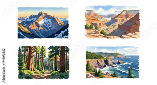 Collection of diverse natural landscapes including mountains, canyons, forests, and coastlines
