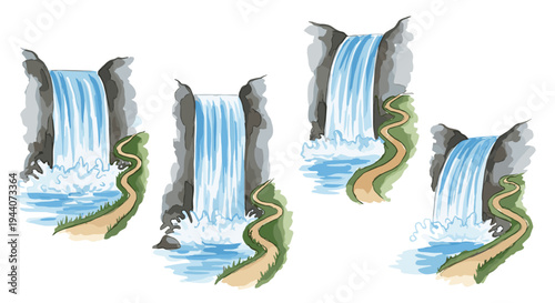 Four distinct cartoon waterfalls cascading down rocky cliffs with winding paths
