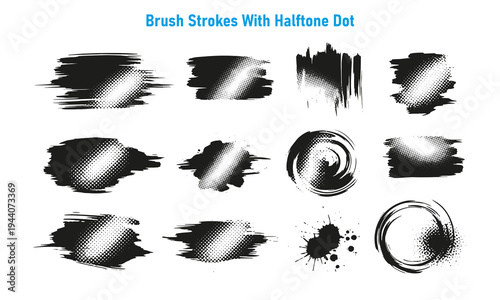 A variety of ink brush strokes mixed with halftone textures, dots, and high contrast vector illustration.