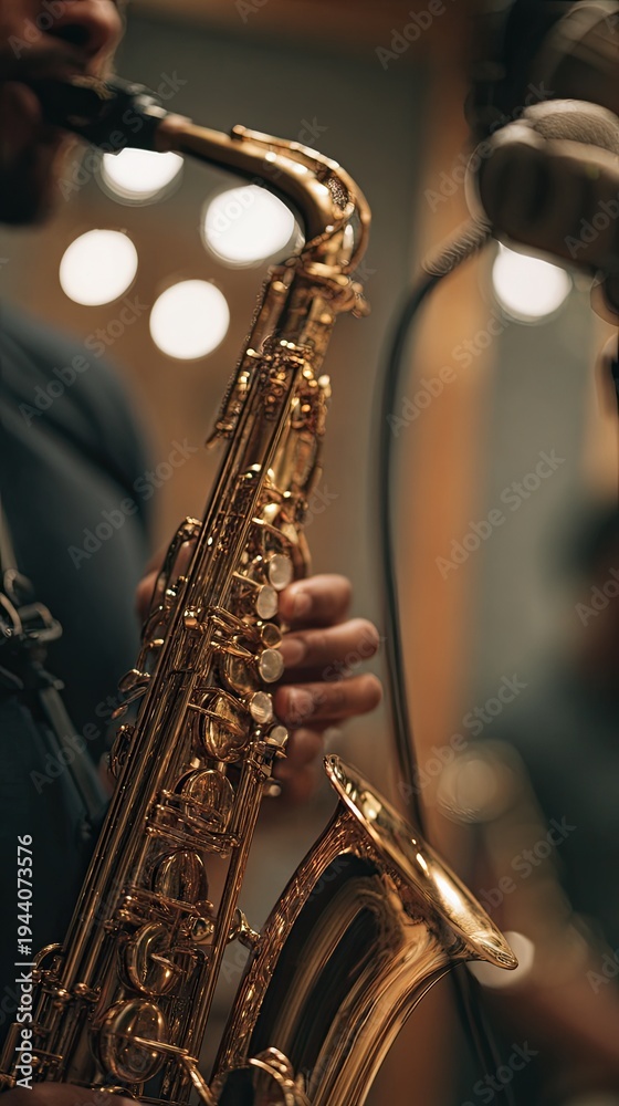 Obraz premium Man, saxophone and playing jazz in recording studio. Close-up. Banner. Bokeh.