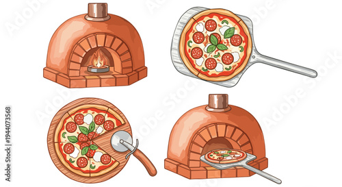 Collection of cartoon pizza ovens and delicious pizzas being prepared and served