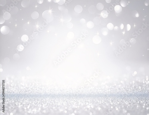 silver glitter background with soft bokeh lights, shimmering sparkles, and a dreamy, festive glow