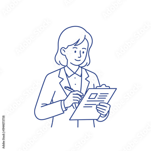 Businesswoman holding clipboard and pen writing notes.