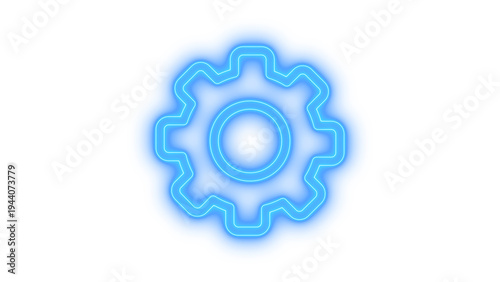 Bright blue neon glowing gear icon for modern digital settings and technology interface symbol, representing options and configuration, isolated on transparent background