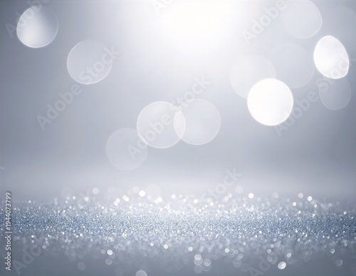 Silver glitter background with soft bokeh lights, shimmering sparkles, and a dreamy, festive glow throughout