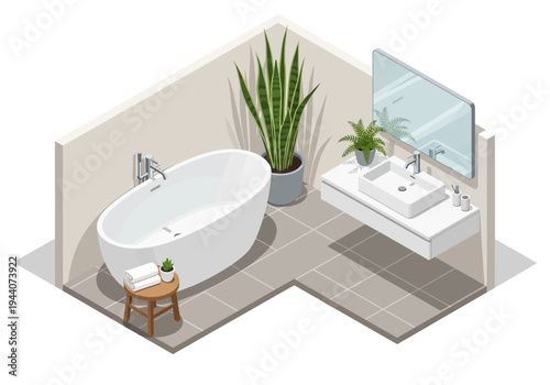 Isometric view of a modern bathroom with a bathtub, sink, and plant