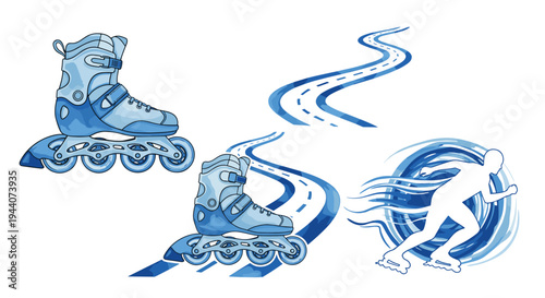 Inline skates and rollerblading silhouette with abstract blue motion trails and winding roads