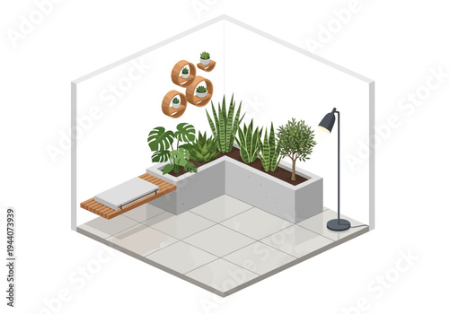 Isometric indoor garden with lush green plants and a modern aesthetic, creating a tranquil living space