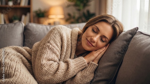 Young woman resting at home, sleeping on couch enjoying comfort and peaceful relaxation