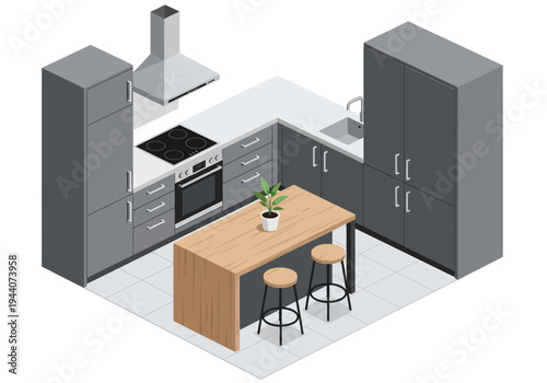 Modern isometric kitchen design with island and stools, sleek cabinetry and appliances