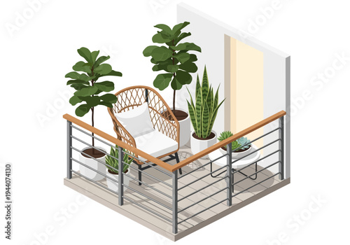 Cozy Balcony Oasis with Comfortable Seating and Lush Green Plants