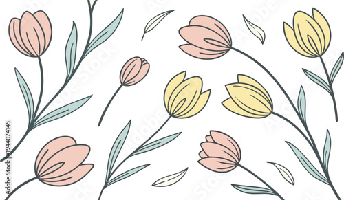 Delicate seamless pattern featuring small pastel tulips in soft purple and pink tones scattered across a light background. Minimal and modern floral design with clean shapes and fresh spring colors. 