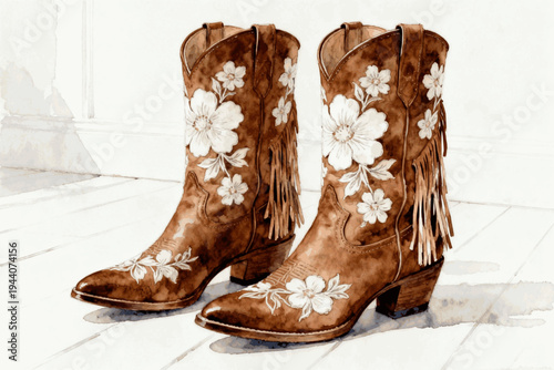 Western Bloom Brown Cowboy Boots with Floral Embroidery isolated watercolor vector illustration svg
