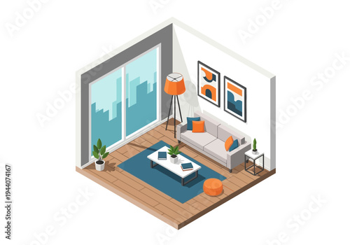 Cozy isometric living room with modern furniture, artwork, and city view