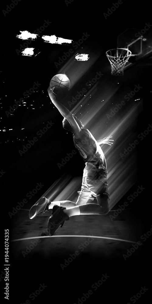 Fototapeta premium Basketball player performing slam dunk with light trail motion effect in arena used for sports advertising, basketball promotion and athletic campaigns.