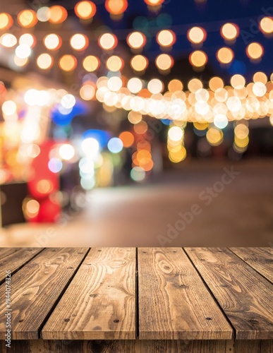 wooden tabletop with visible grain in sharp focus, against blurred bokeh city street lights at night