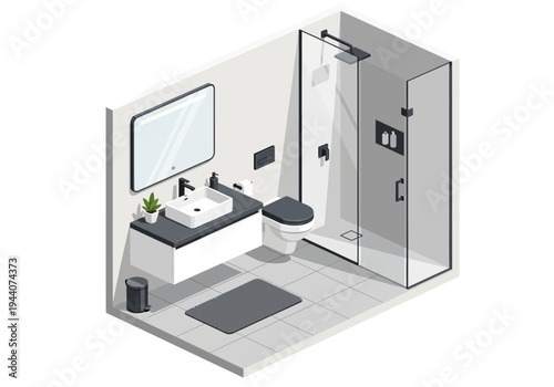 Modern Isometric Bathroom with Shower, Toilet, and Sink in a Clean, Minimalist Design