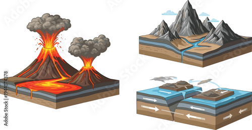 Volcanic Eruption and Mountain Formation Set Featuring Cross-Section Views of Volcanoes, Lava Flow, and Tectonic Plate Movements for Geological Study and Earth Science Themes