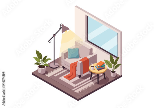 Cozy isometric living room interior with armchair, lamp, plants, and window