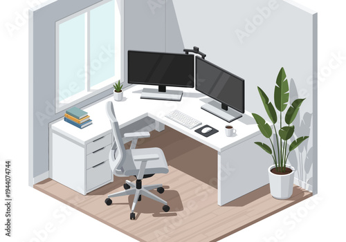 Modern ergonomic home office setup with dual monitors and a comfortable chair