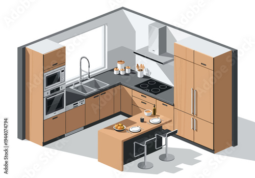 Modern isometric kitchen illustration with wooden cabinets and island breakfast bar
