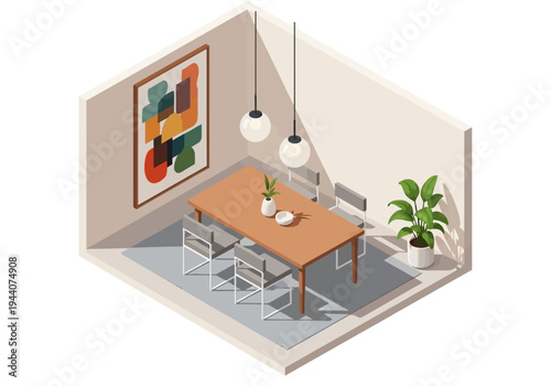 Isometric dining room interior with modern furniture, abstract art, and hanging pendant lights
