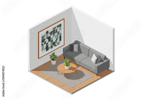 Cozy living room interior with a modern gray sofa, coffee table, and artwork on the wall