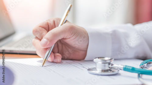 Medical equipment, stethoscope and notepad clipboard with patient discharge health record paperwork on doctor's work desk background for medic care, healthcare appointment, checkup exam or diagnosis