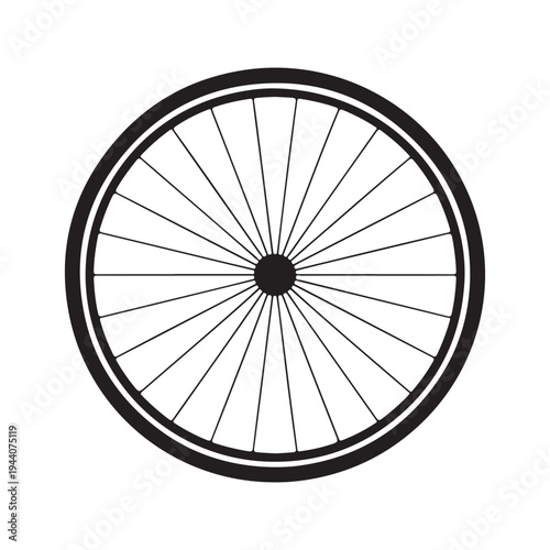 Bicycle wheel rim with spokes and tire in black and white minimalist style for cycling design and maintenance
