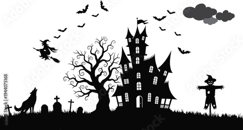 Halloween night scene with castle bats and spooky landscape