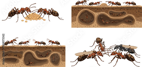Ant Colony Life Cycle Set Featuring Ants foraging, Nesting, and Worker Ants with Larvae and Queen Ant Illustrations for Insect and Entomology Themes