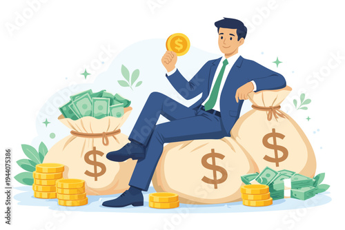 Wealthy Businessman with Money Bags  Coins, Financial Success Illustration