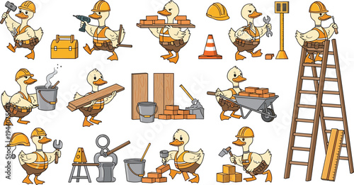 Cute Duck Construction Worker Character Set Featuring Cartoon Ducks Building Walls, Carrying Bricks, Using Tools, Ladder and Safety Helmet in Flat Vector Style
