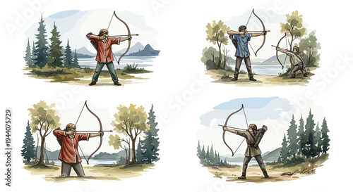 Four illustrations of people practicing archery in a natural outdoor setting by a lake
