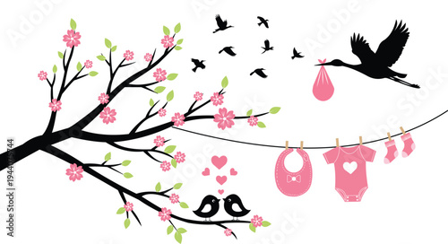 Baby clothes and bird on a blossoming tree branch with hearts