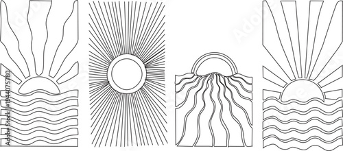 Black and white line art set of sun over wavy ocean water