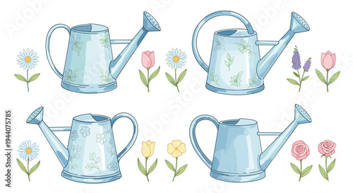 Set of four blue watering cans with floral patterns and various flowers