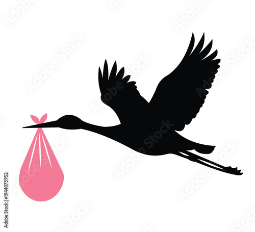 A stork flying with a pink baby bundle in its beak