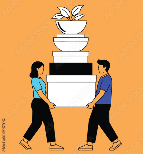 Couple carrying a large planter with a plant