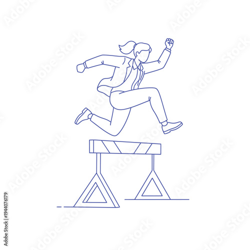 Businesswoman leaping over hurdle in dynamic motion illustration.