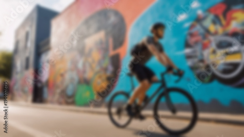 Blurred background of cyclist riding through a colorful street art district on World Bicycle Day, a young urban rider on a fixed gear bicycle passing vibrant graffiti murals covering entire building.