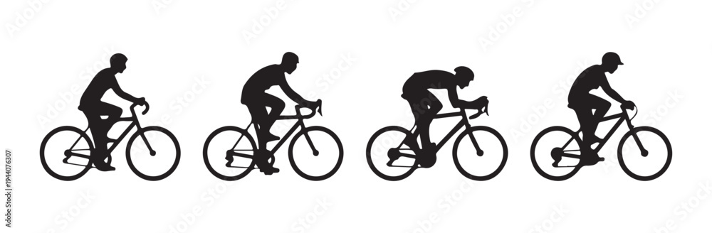Obraz premium Silhouettes of cyclists in different riding positions on bikes